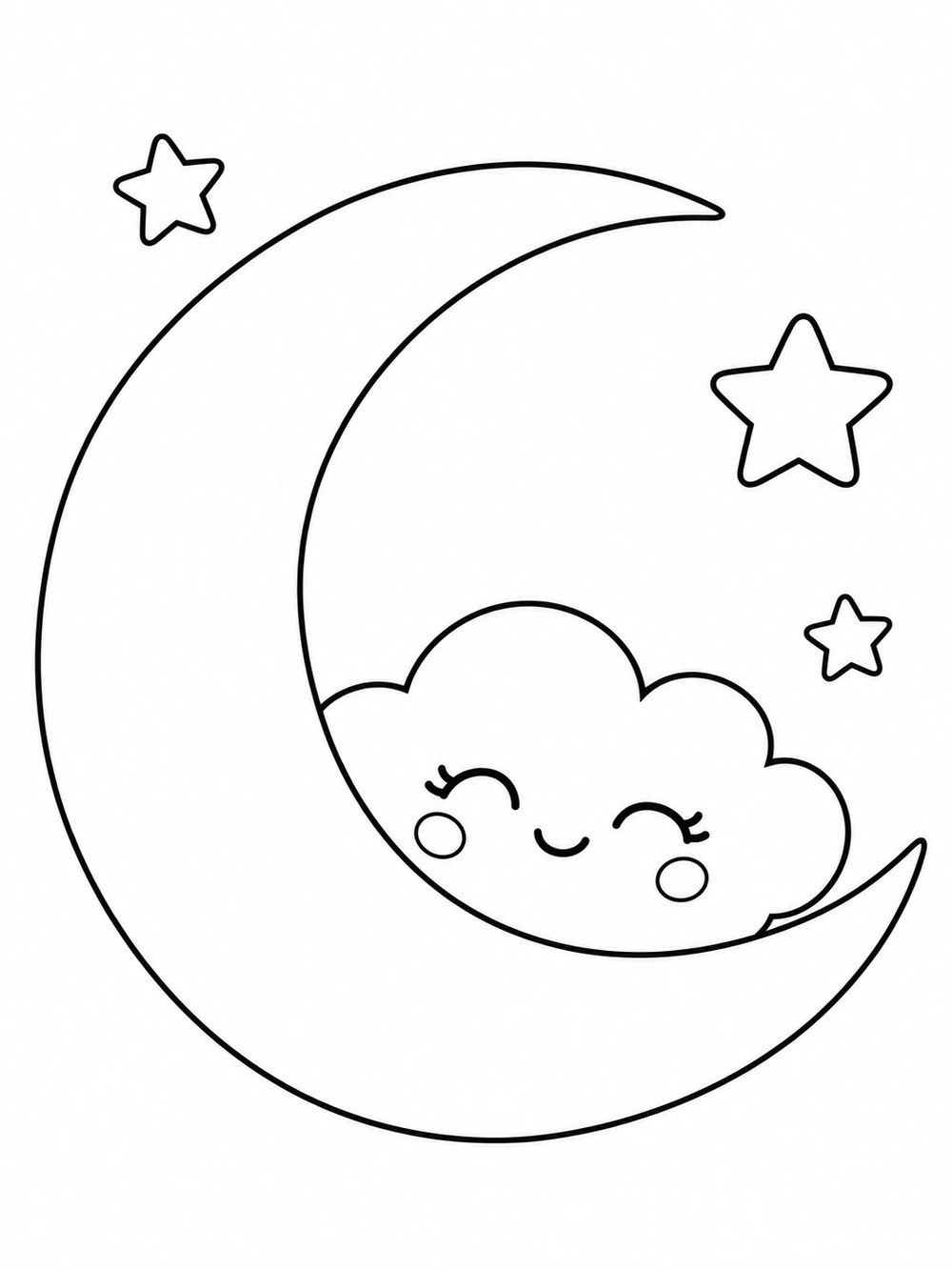 A broad crescent moon curves around a smiling puffy cloud, with three outlined stars on a white background.