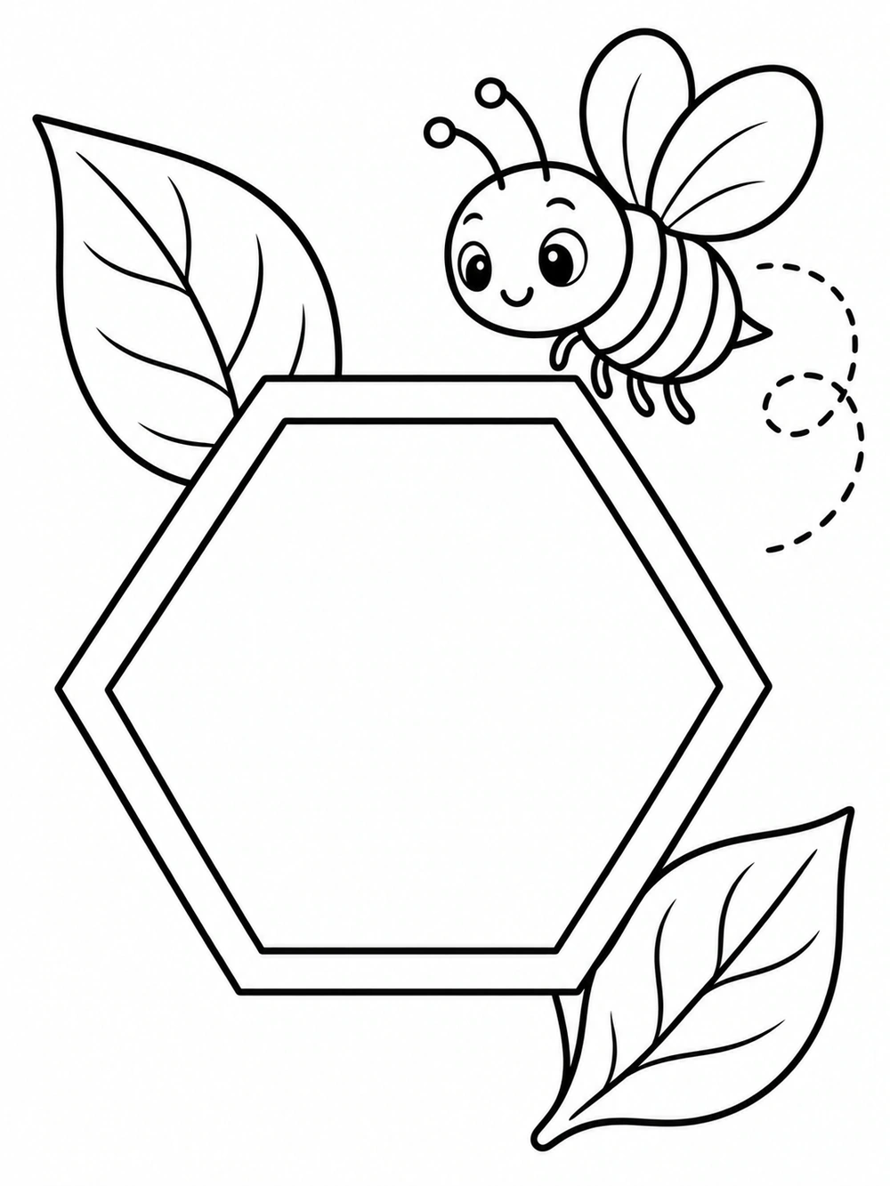 A large outlined hexagonal honeycomb cell framed by two leaves, with a smiling bee hovering above it.
