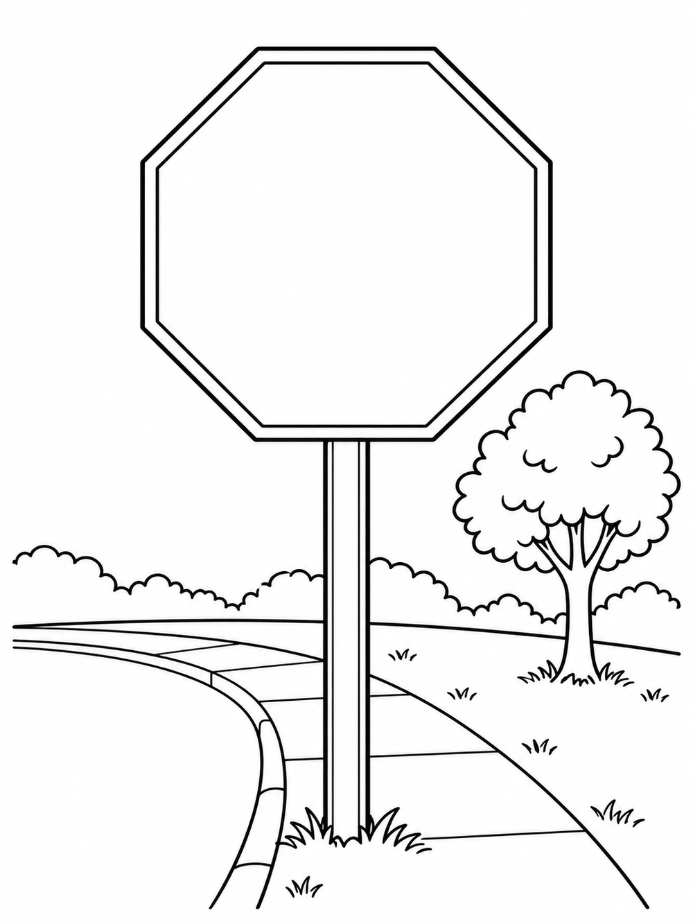 A blank eight-sided road sign on a post beside a curved sidewalk and one small tree, drawn in black outlines on white.