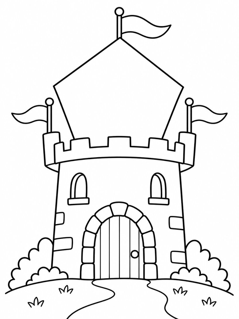 Black-and-white coloring page of a castle tower with a large pentagon roof, arched doorway, windows, shrubs, and flags.