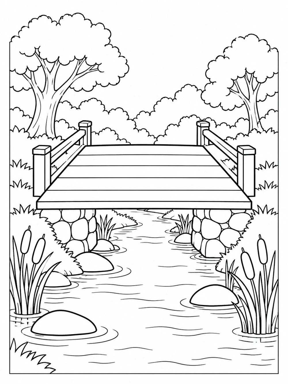 A broad bridge deck with visibly slanted sides and parallel front and back edges spans a rippling stream, with reeds, rocks, and trees around it.