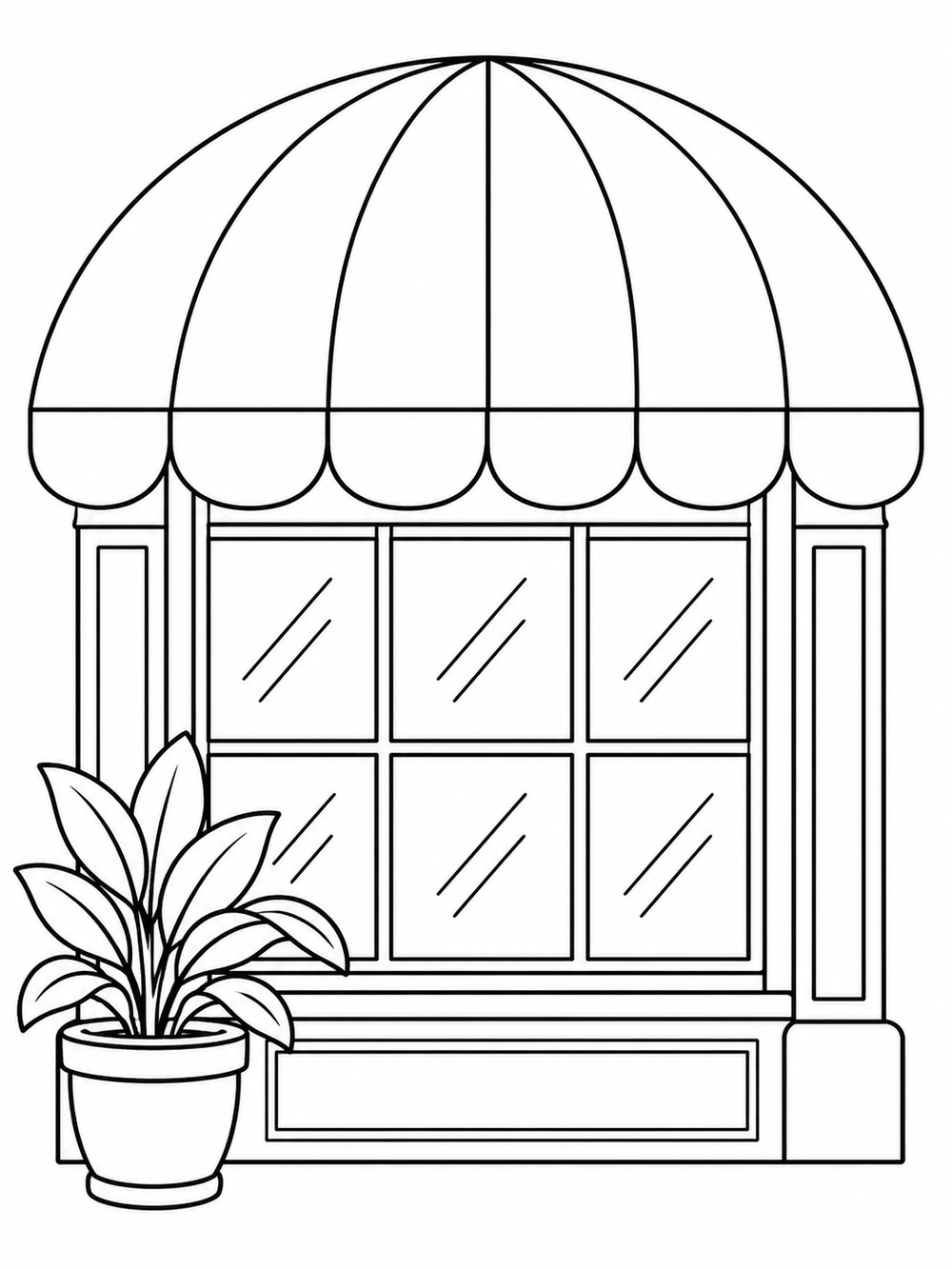 A small shop window beneath a large semicircular awning, with a leafy potted plant beside it.