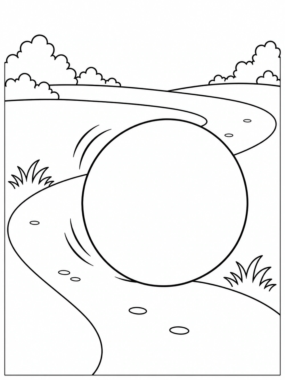 A large unpatterned ball rolling along a winding path, with motion marks, two grass tufts, and distant bushes.