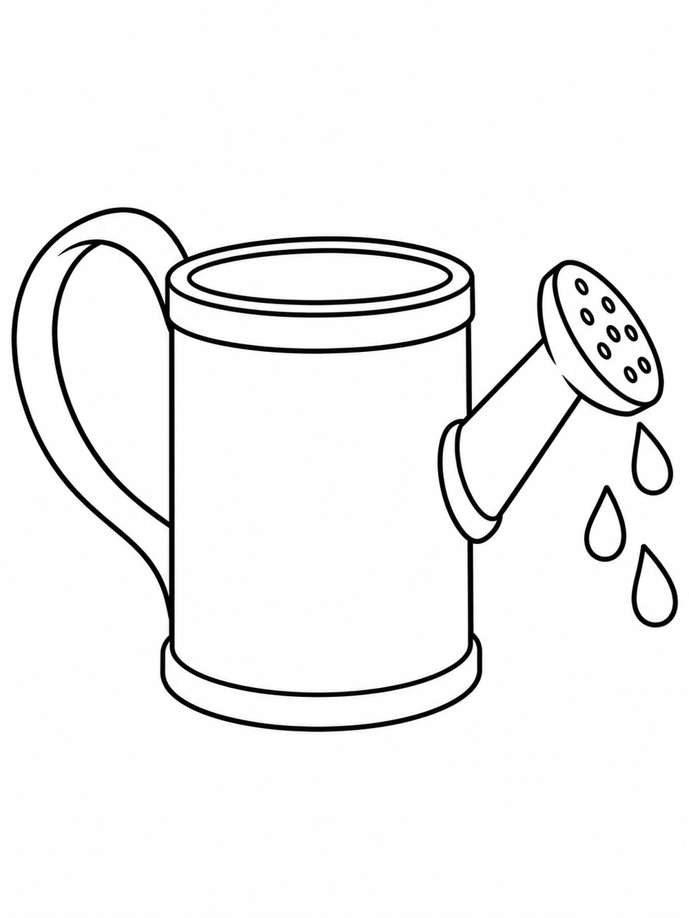 Black outline coloring page of an upright cylindrical watering can with a curved handle, perforated spout head, and three droplets.