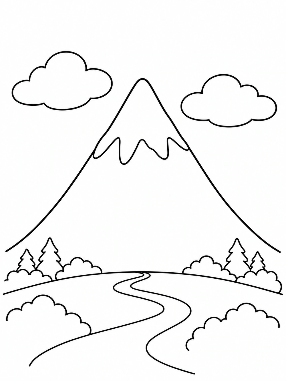 A broad cone-shaped mountain with a snowcap, trees, clouds, and a curved trail in a black-outline coloring page.