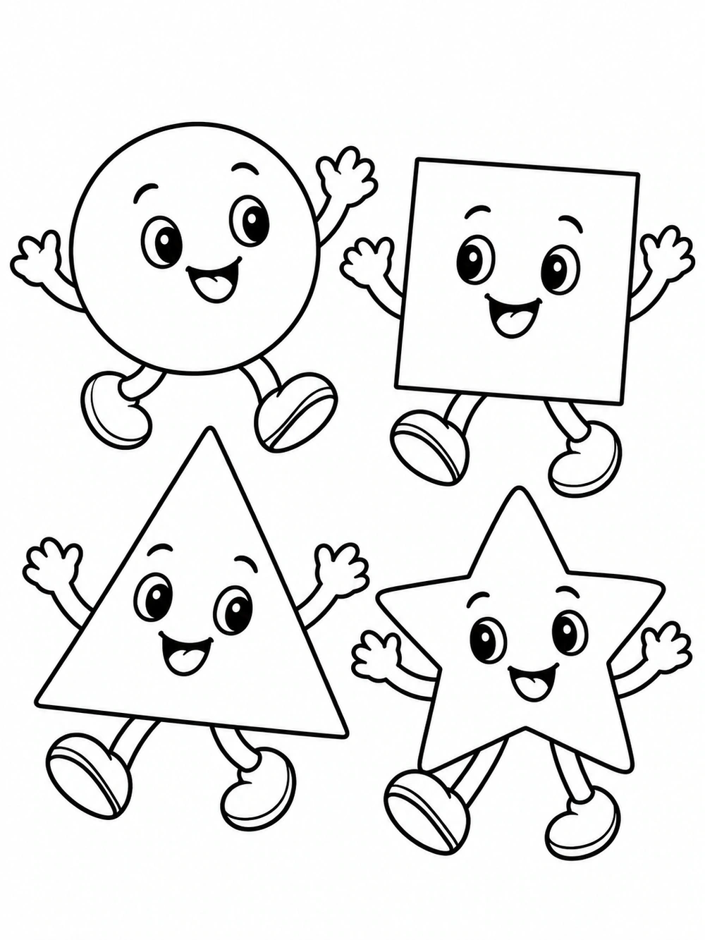 Four separated, smiling circle, square, triangle, and five-pointed star characters with tiny feet.