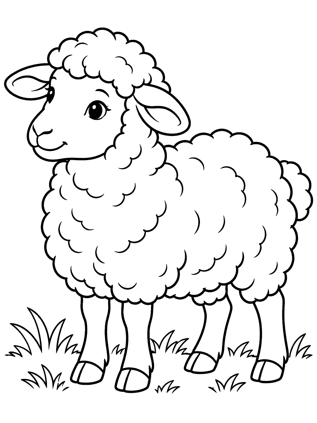 Black-outline coloring page of a full-bodied fluffy sheep standing in a meadow, facing left.