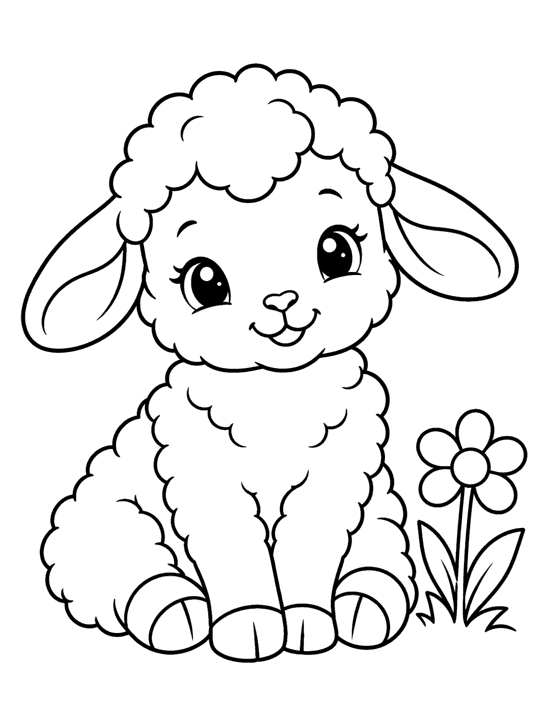 Seated fluffy lamb with floppy ears and a flower, in black outline on white.