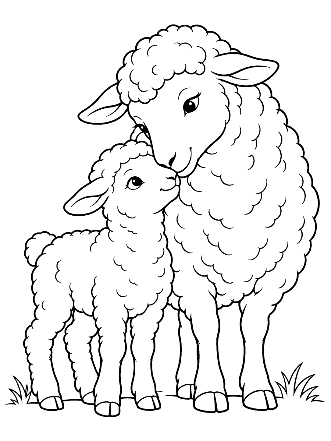 Black-and-white coloring page of a mother ewe nuzzling her lamb, standing together on a simple ground line with grass tufts.