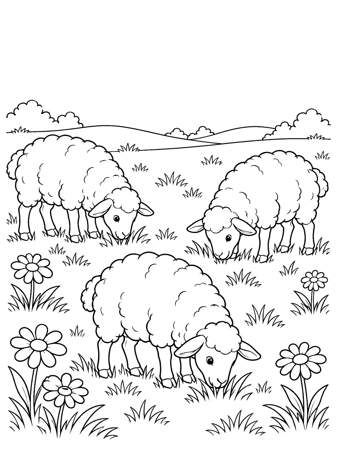 Three sheep grazing at different positions in a flower-filled meadow coloring page