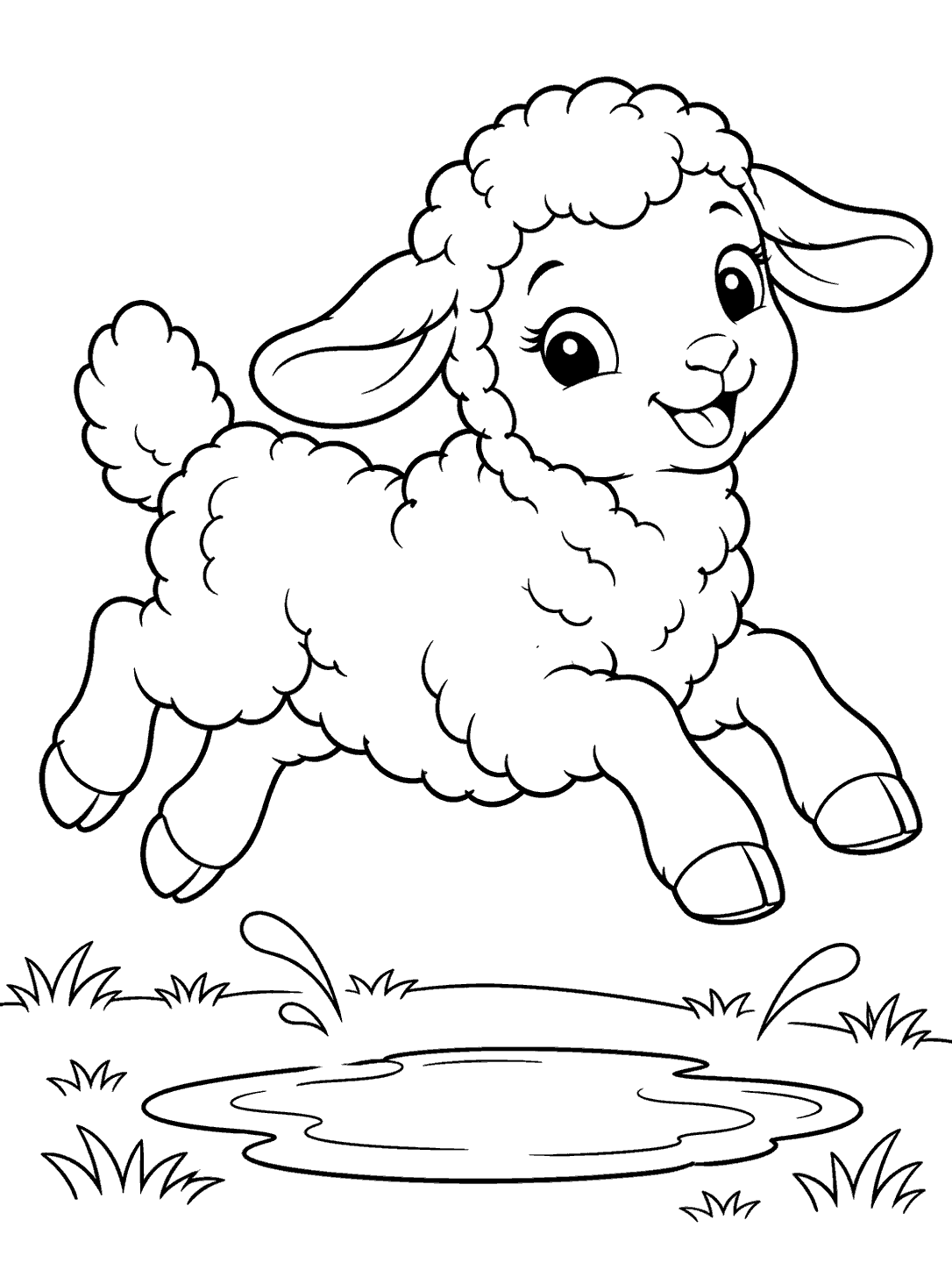 Black-and-white coloring page of a fluffy lamb leaping over an oval puddle, with separated legs, two splashes, grass, and a ground line.