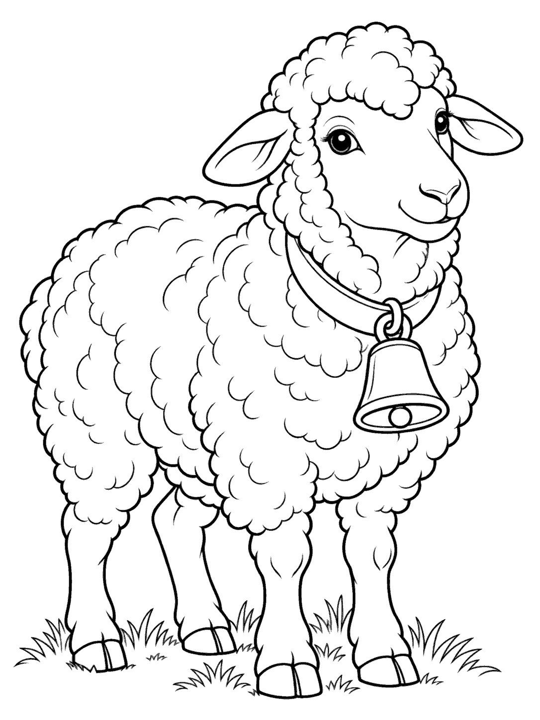 Three-quarter view of a fluffy sheep wearing a large bell, with grass beneath its feet, in a coloring page.