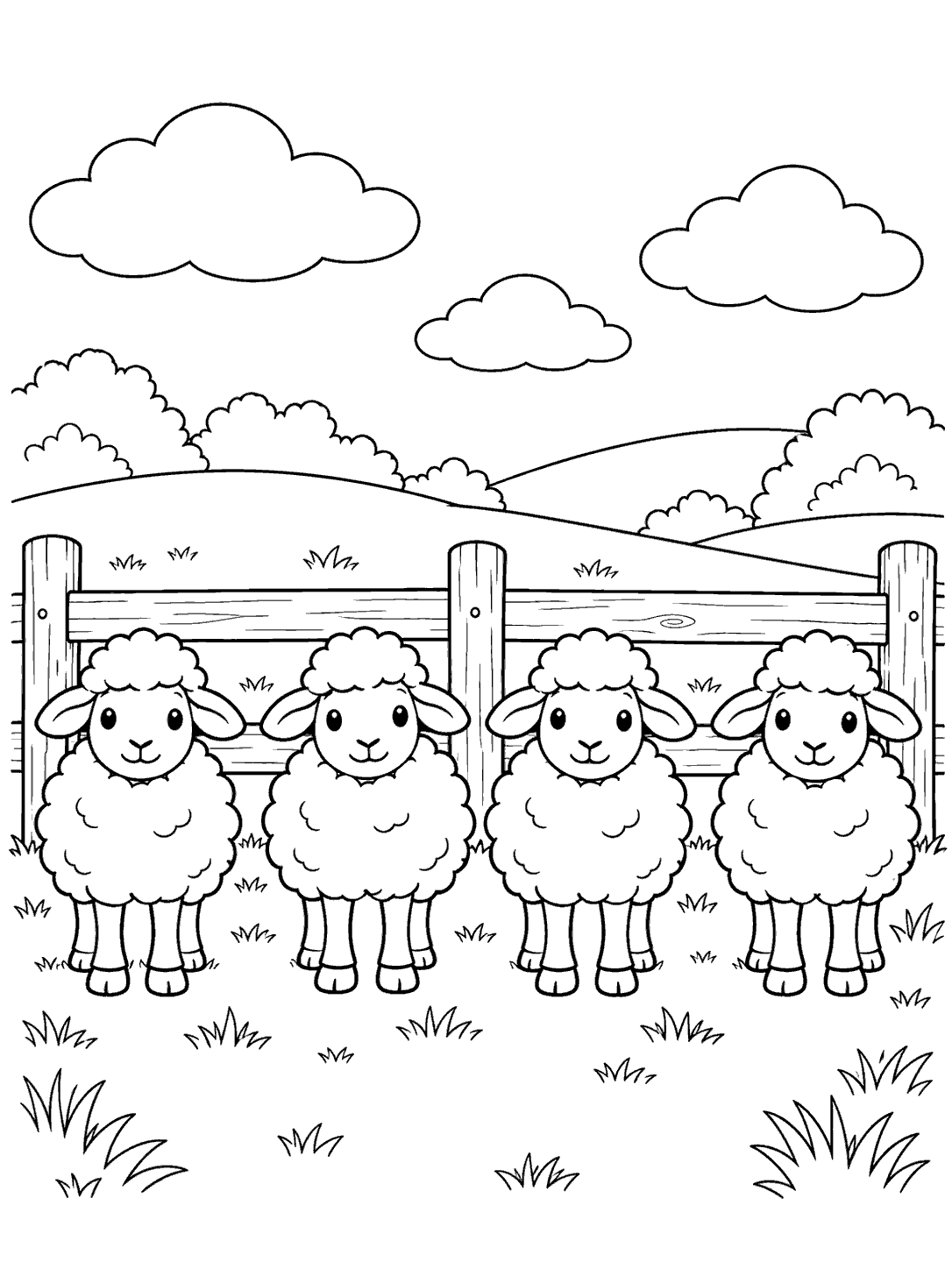 Four sheep beside a fence coloring page
