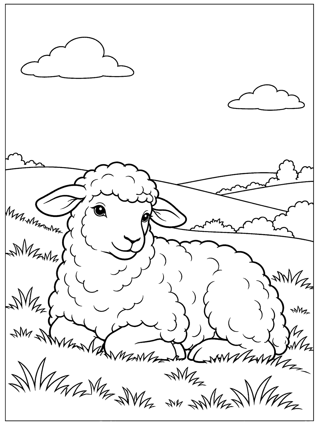A resting sheep on a grassy hillside with rolling hills and clouds, drawn as a black-and-white coloring page.