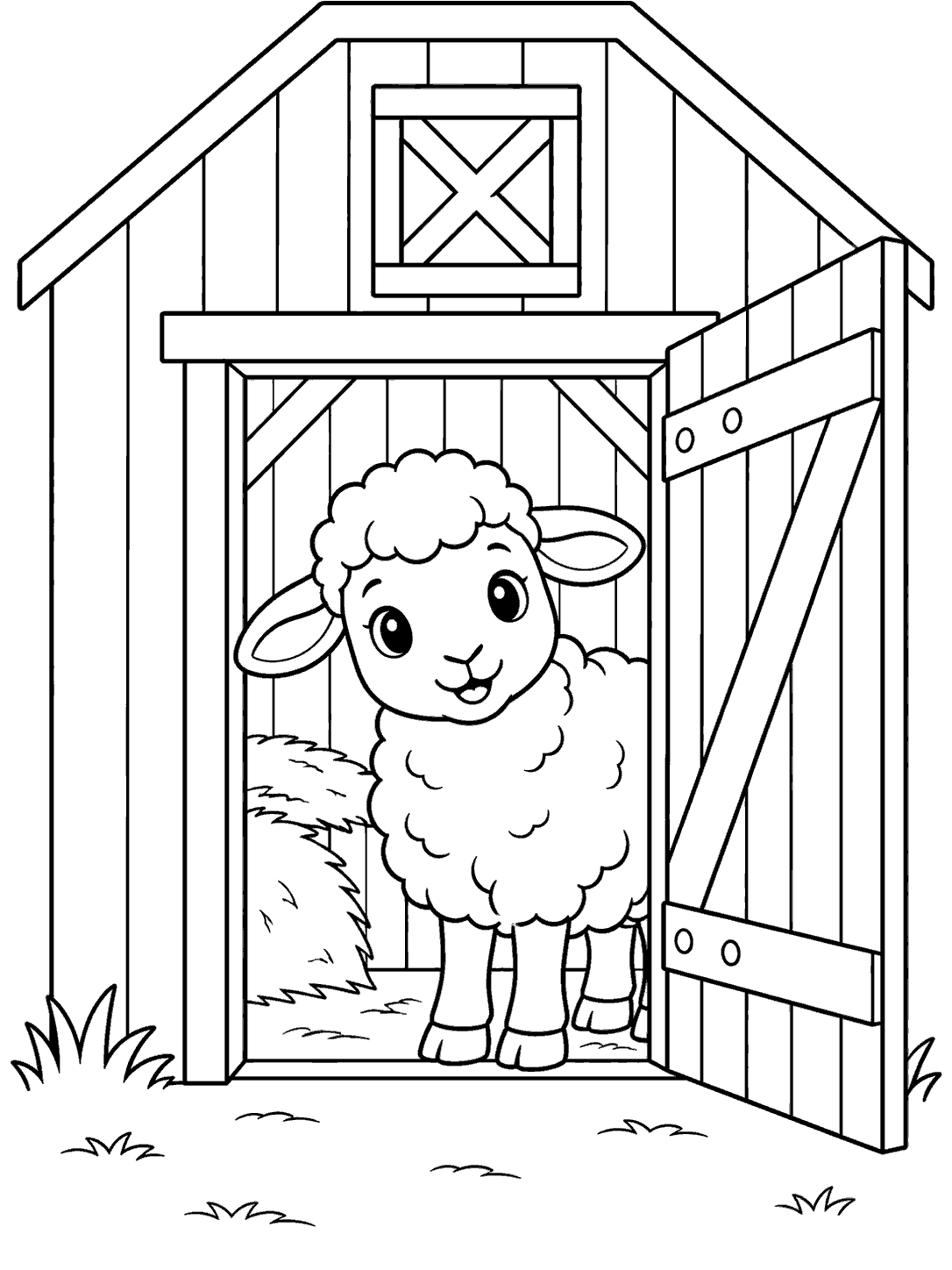 A fluffy sheep standing in an open barn doorway on a black-and-white coloring page.