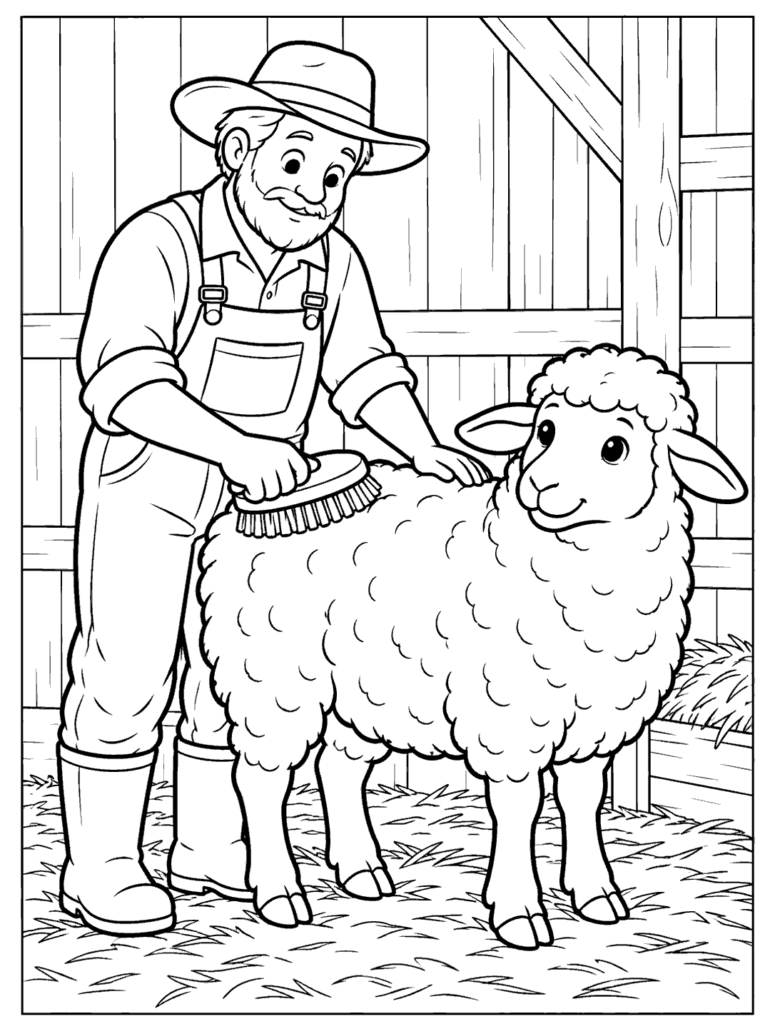 Black and white coloring page of a farmer in overalls, boots, and a brimmed hat brushing a standing sheep in a barn.