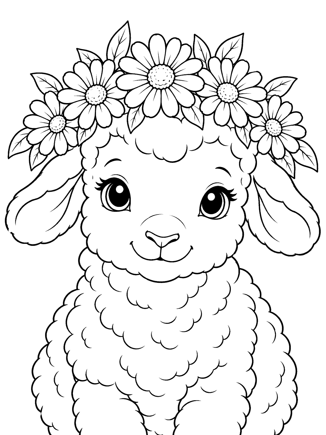 Front-facing lamb with a five-daisy flower crown on a coloring page