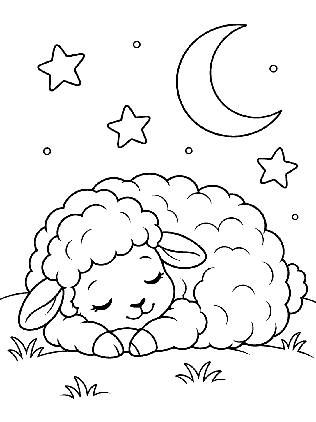 A curled-up sleeping sheep with broad fleece sections beneath a crescent moon, stars, and sparse tufts of grass.