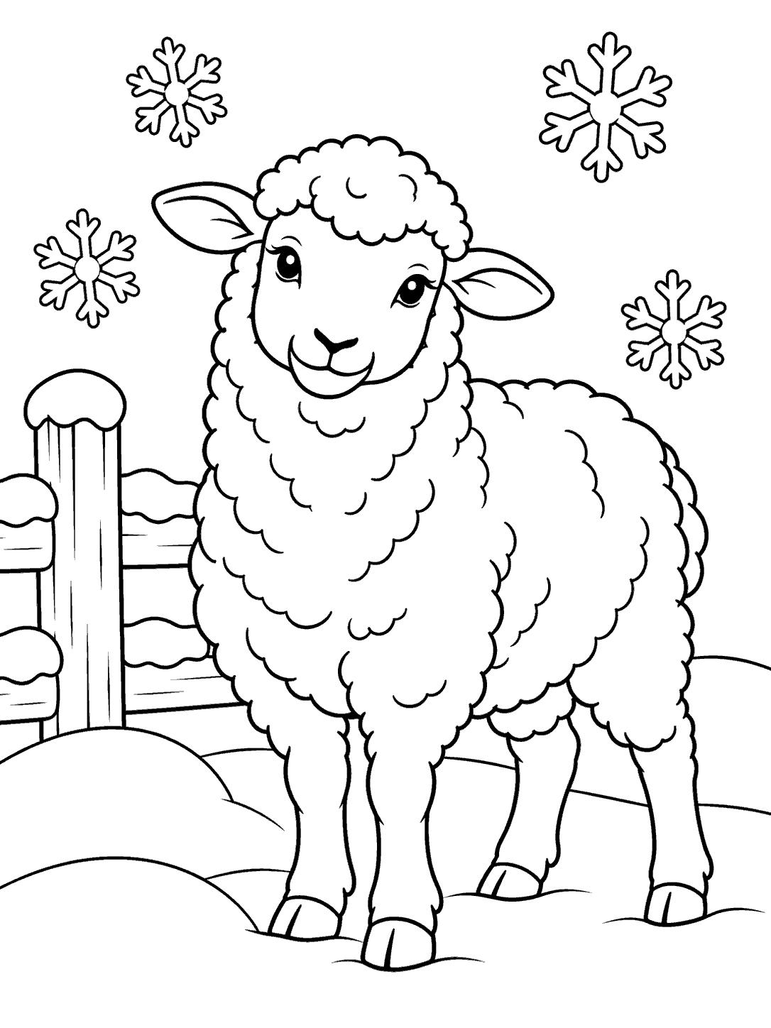 A black-outline coloring page showing a woolly sheep beside a snowy fence and snowbanks, with four large falling snowflakes.