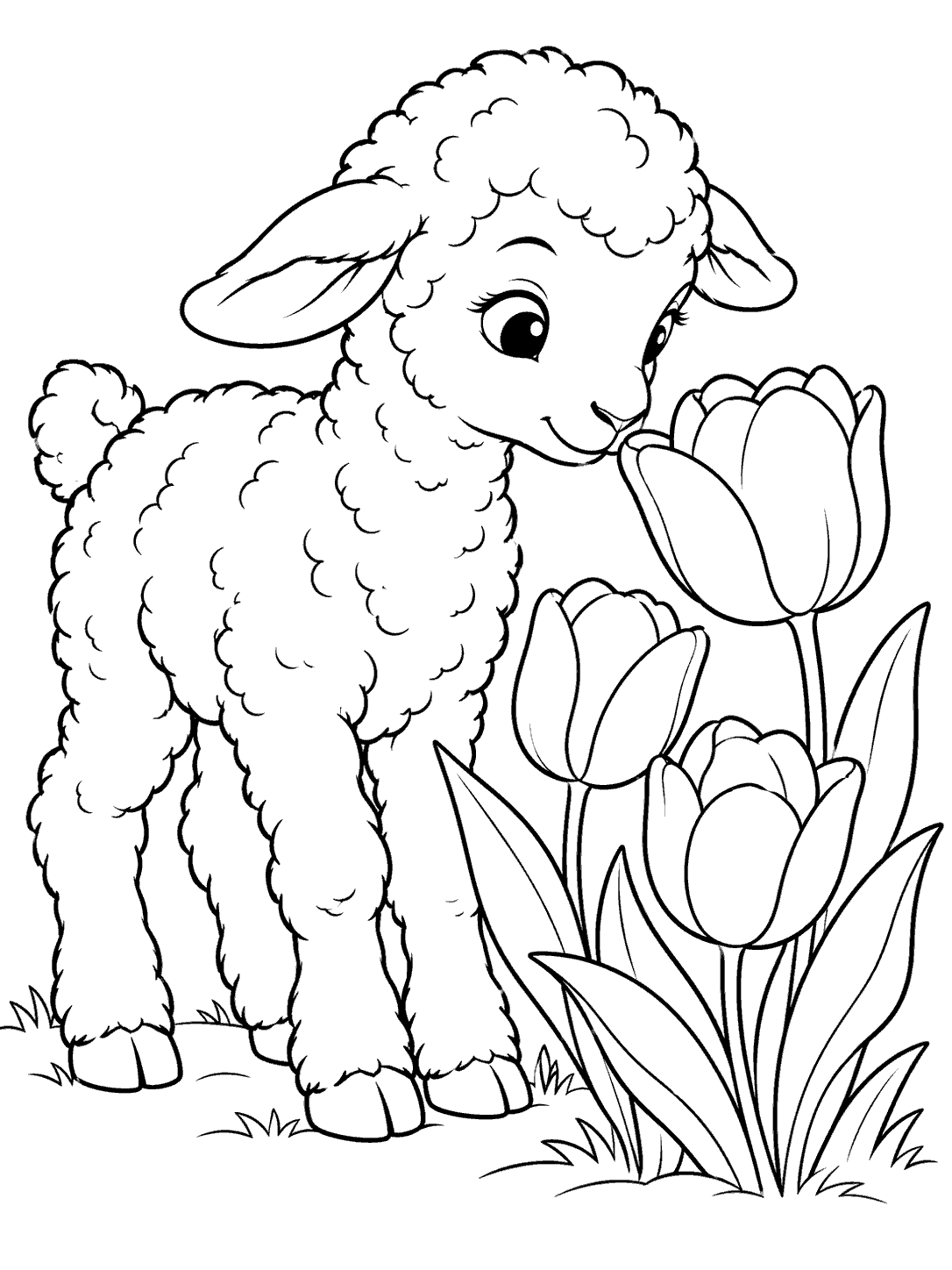 Black-outline coloring page of a fluffy lamb leaning toward three tulips at different heights, with leaves and a light ground line.
