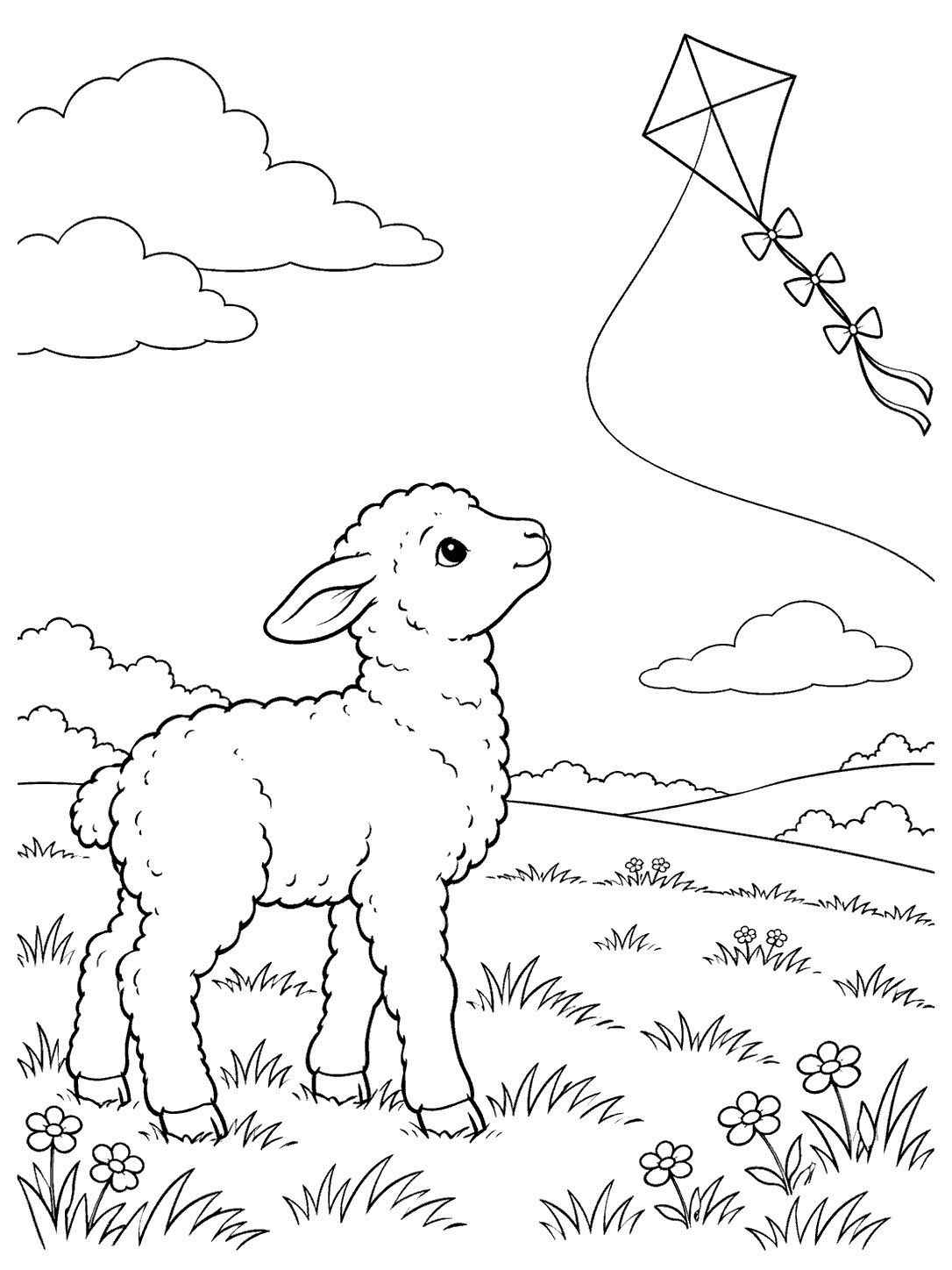Profile lamb standing in a meadow beneath a diamond kite with bow tails.