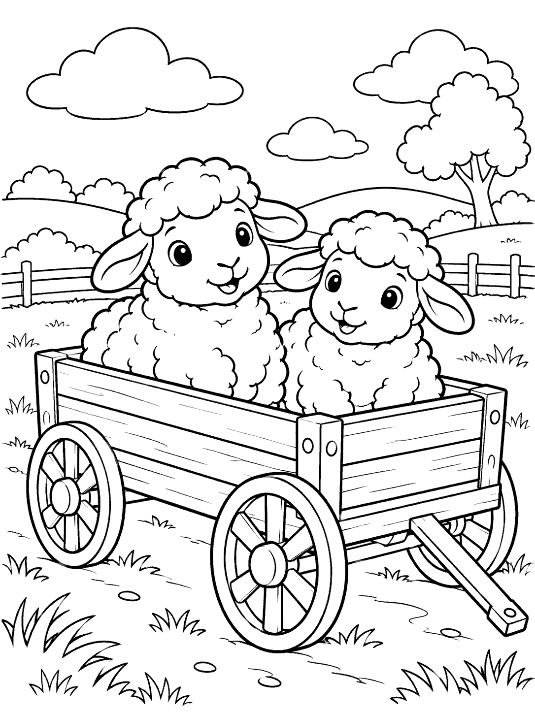 Two sheep seated in a wooden farm wagon with large spoked wheels, set against a simple farm landscape.