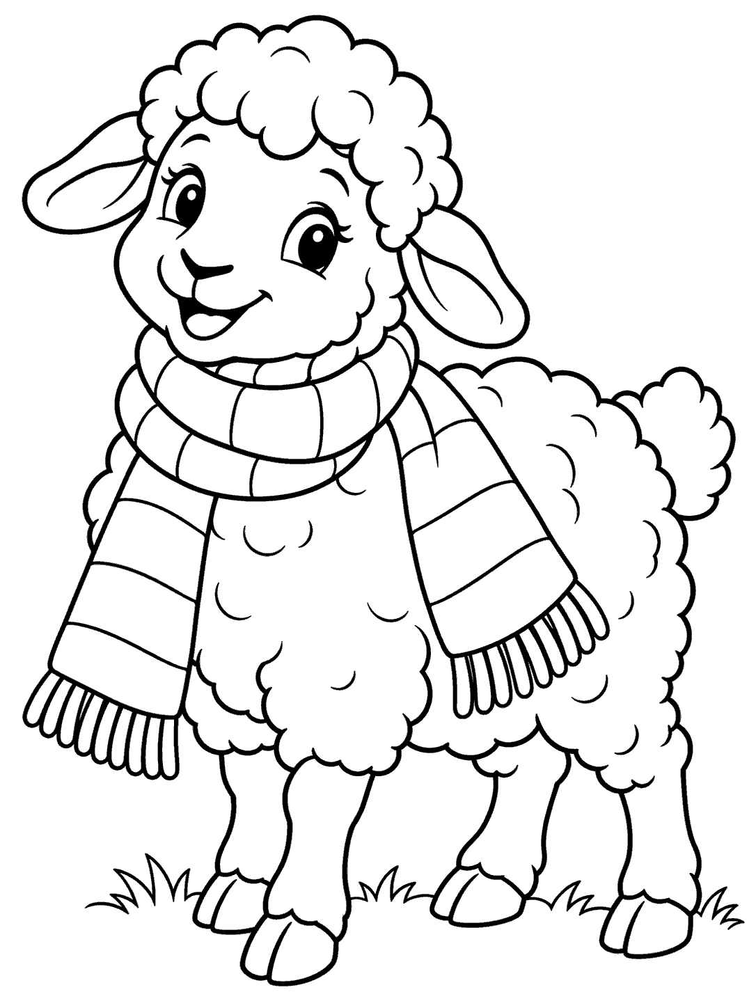 Full-body sheep wearing a striped scarf on a small patch of grass, coloring page