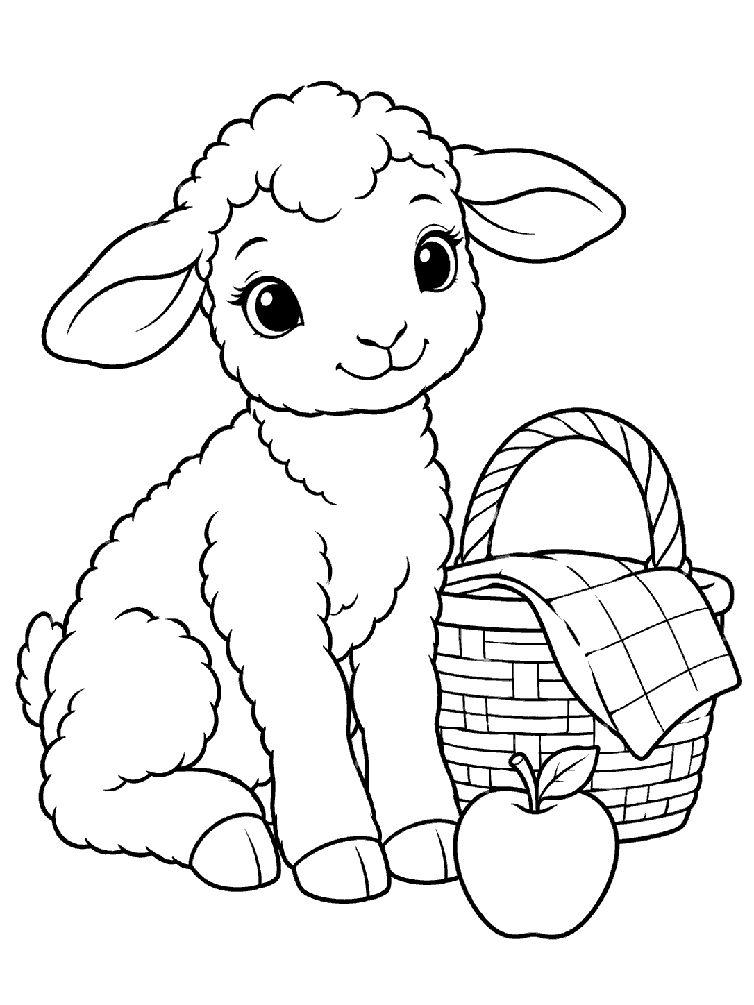 Black-outline coloring page of a seated lamb beside a picnic basket and apple