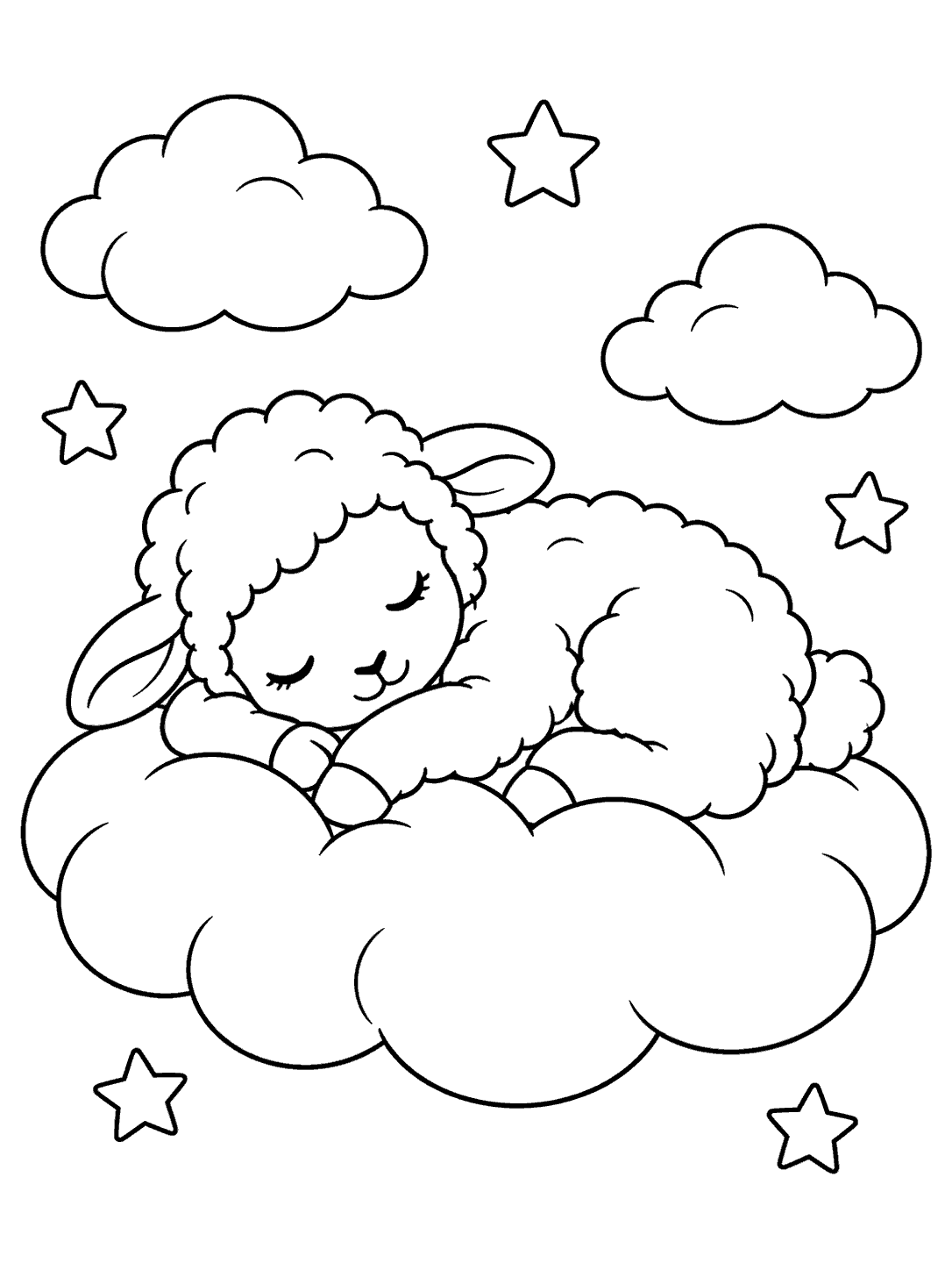 Sleeping lamb curled on a large cloud with smaller clouds and open stars