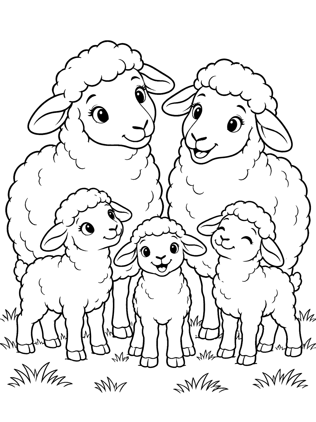Black-outline coloring page showing two large adult sheep standing behind three smaller lambs, with tufts of grass beneath them.