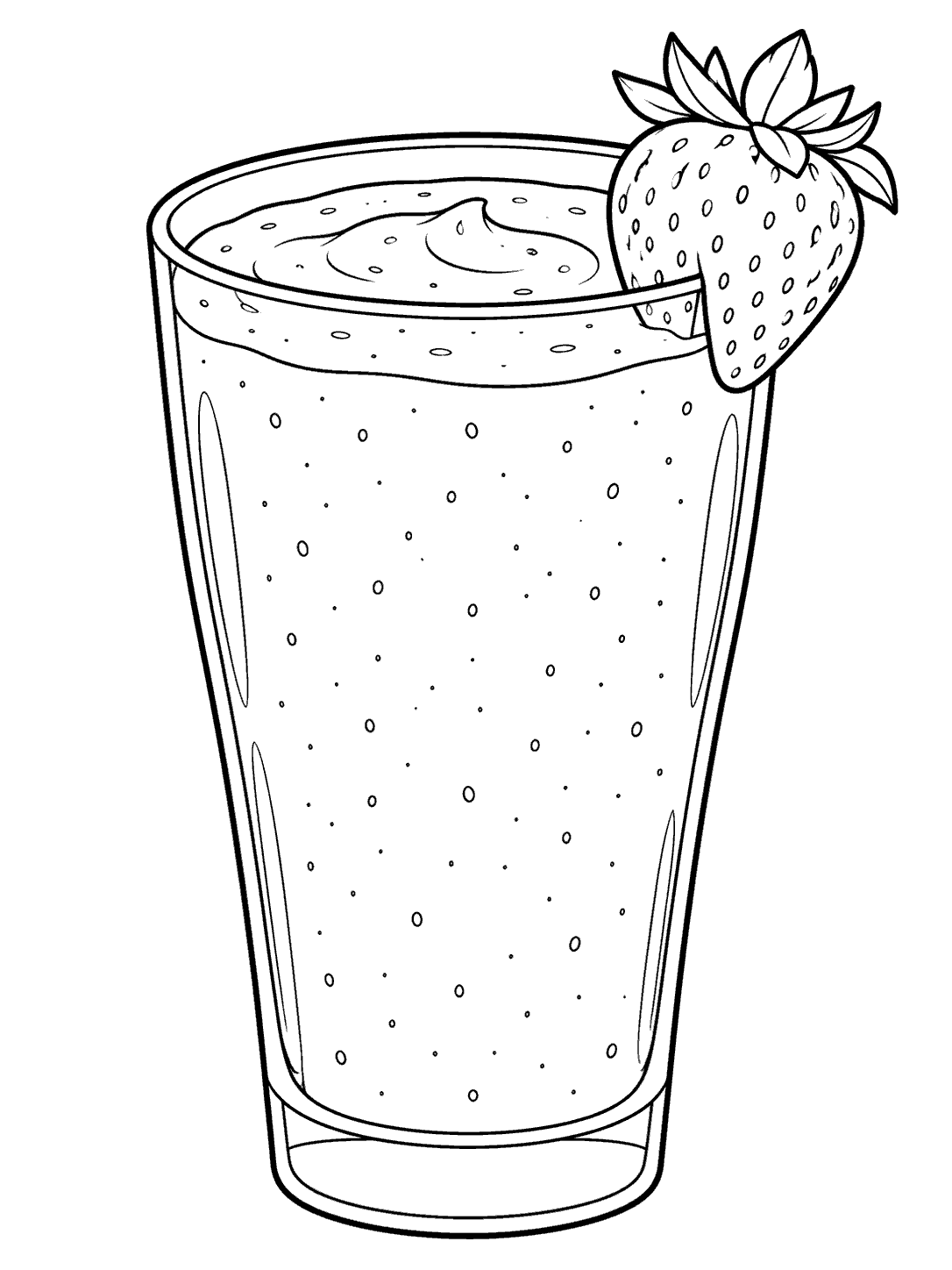 Black-outline coloring page of a tall smoothie glass with a broad visible surface and a large strawberry perched on the rim.