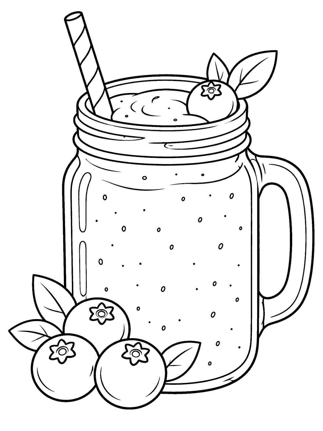 Black outline coloring page of a handled smoothie jar with a berry garnish and three blueberries beside its base.