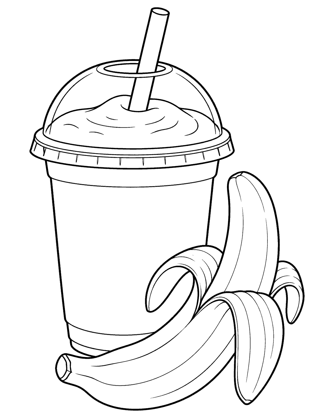 Lidded cup of banana smoothie beside a peeled banana