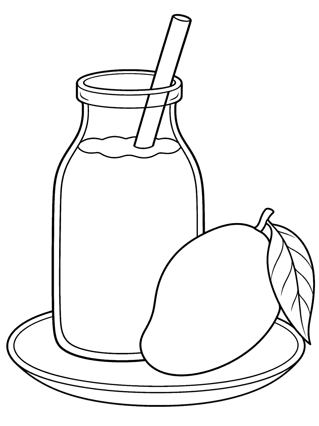 Black outline coloring page of a smoothie bottle with a reusable straw beside a whole mango on an oval saucer
