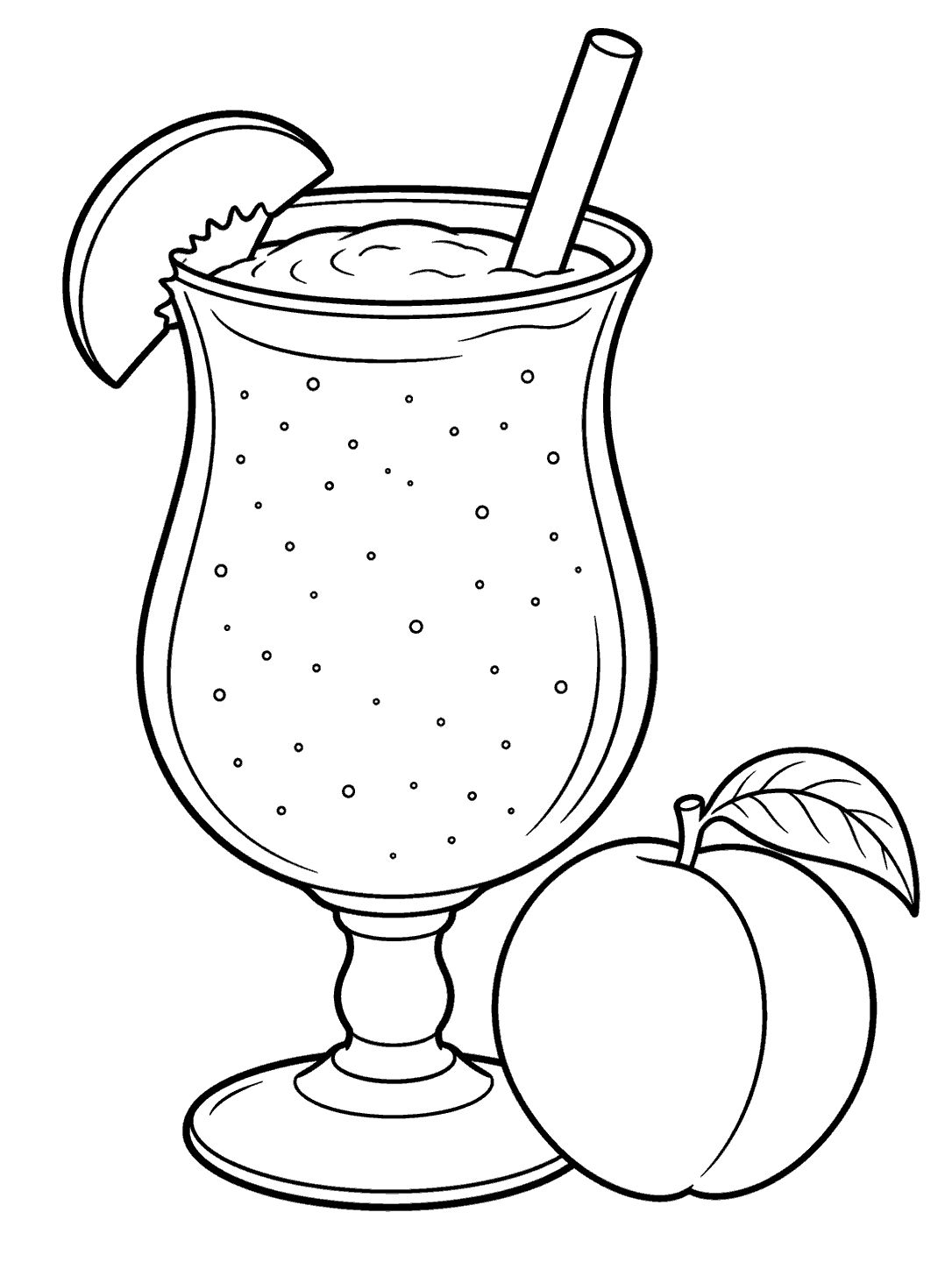 Peach smoothie in a stemmed glass with a whole peach and leaf