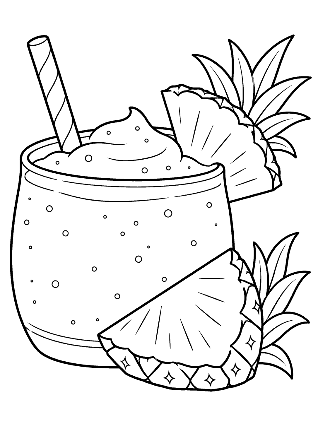 Wide smoothie cup with a straw and a pineapple wedge with leafy crowns, drawn in black outlines.