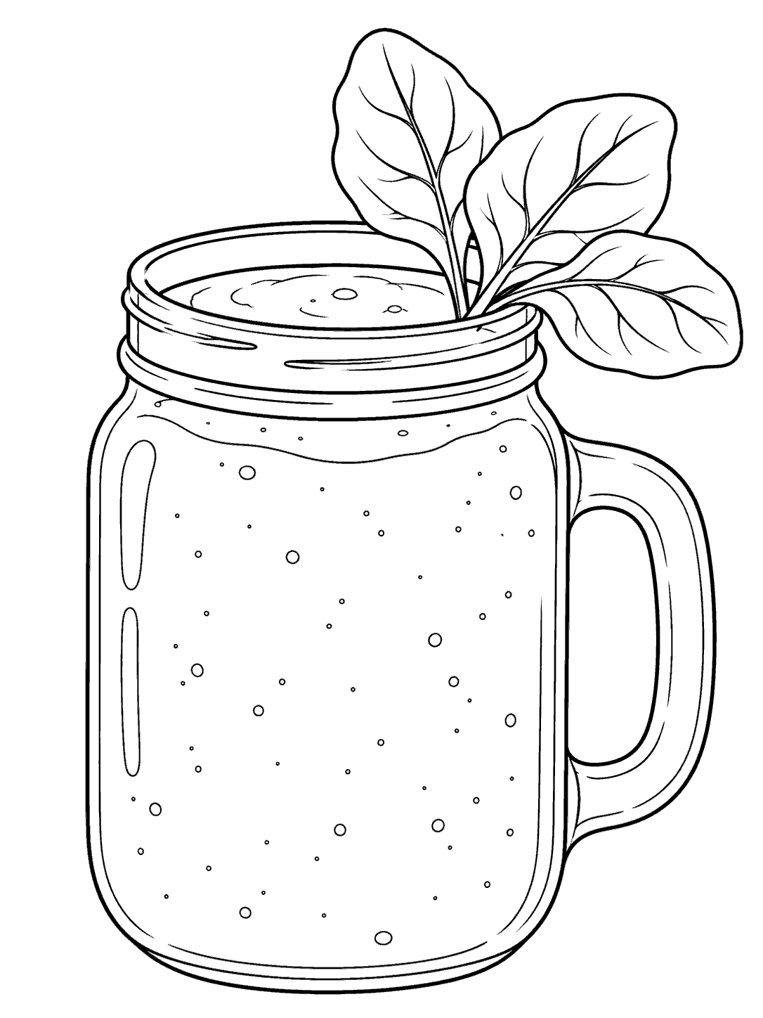 Mason jar filled with a green smoothie, topped with a leafy sprig