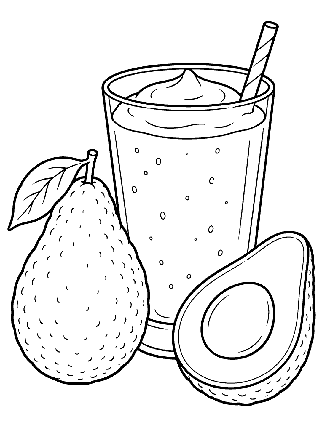 Avocado smoothie glass with a straw, whole pear-shaped avocado, and halved avocado with a large pit