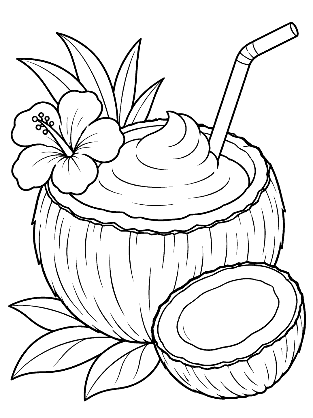 Smoothie in a coconut shell with a curved straw, hibiscus flower, leaves, and a separate coconut half