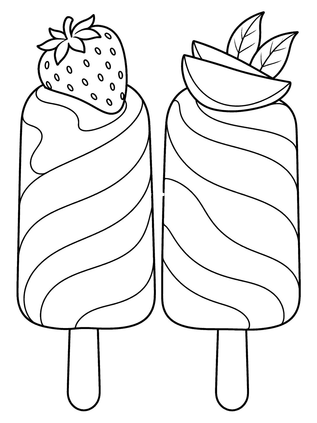 Two striped smoothie popsicles, one topped with a strawberry and the other with mango slices and leaves.