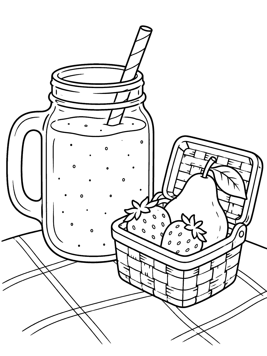 Handled smoothie jar beside an open basket with a pear and two strawberries on a picnic blanket.