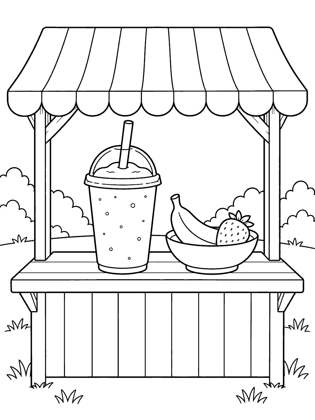 Small smoothie stand with cup and fruit bowl