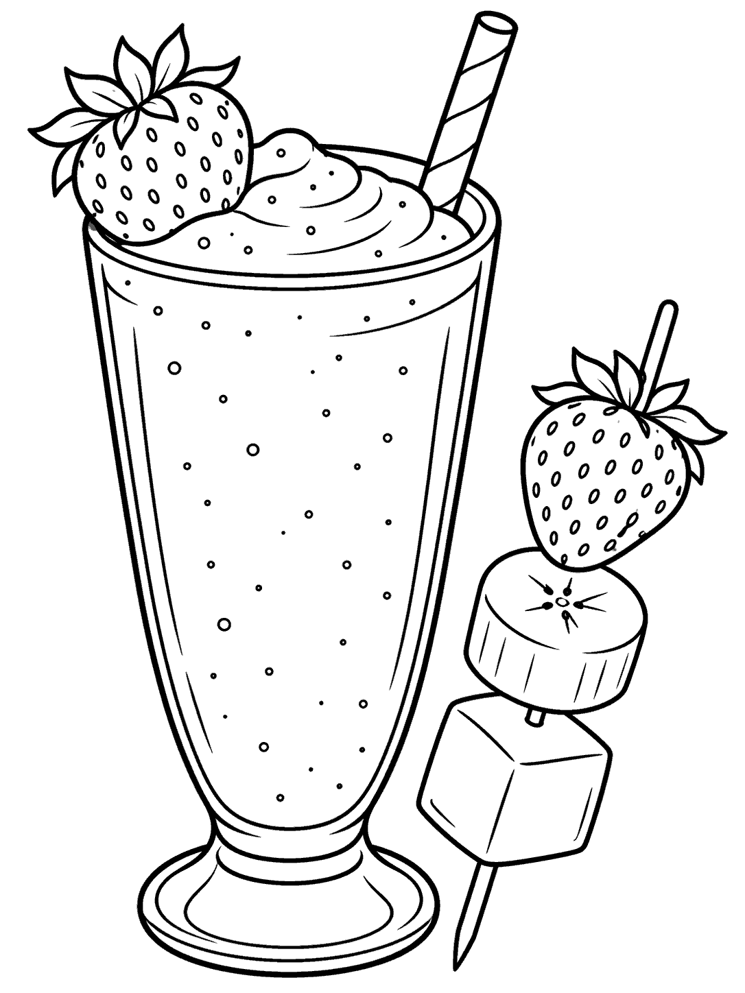 Tall smoothie glass with strawberry, banana, and mango skewer