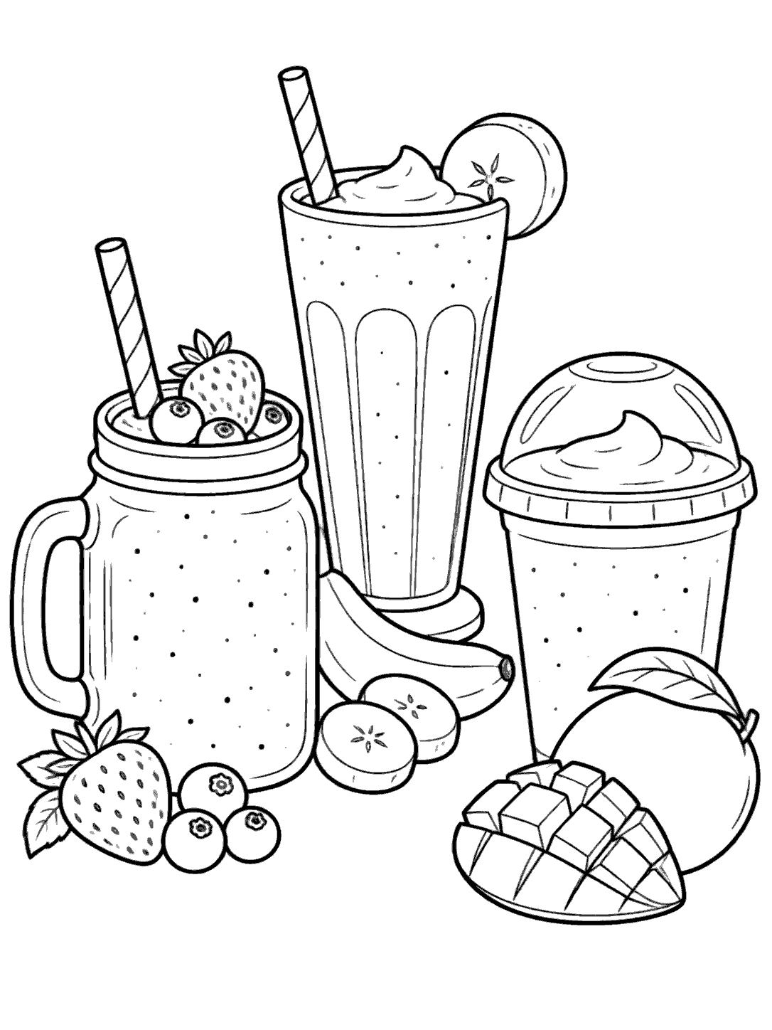 Three outlined smoothie servings: a handled berry jar, a tall banana smoothie glass, and a lidded mango cup, surrounded by berries, banana, and mango.