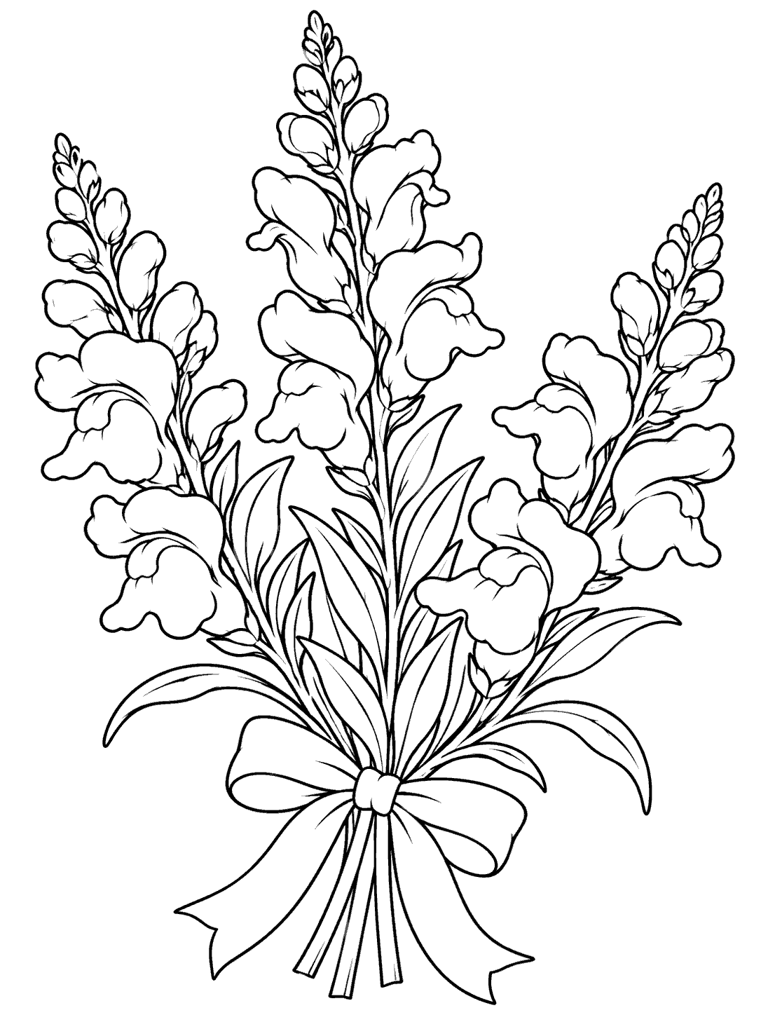 Three distinct snapdragon flower spikes with dragon-mouth blooms, long leaves, and a simple ribbon tied around the stems.
