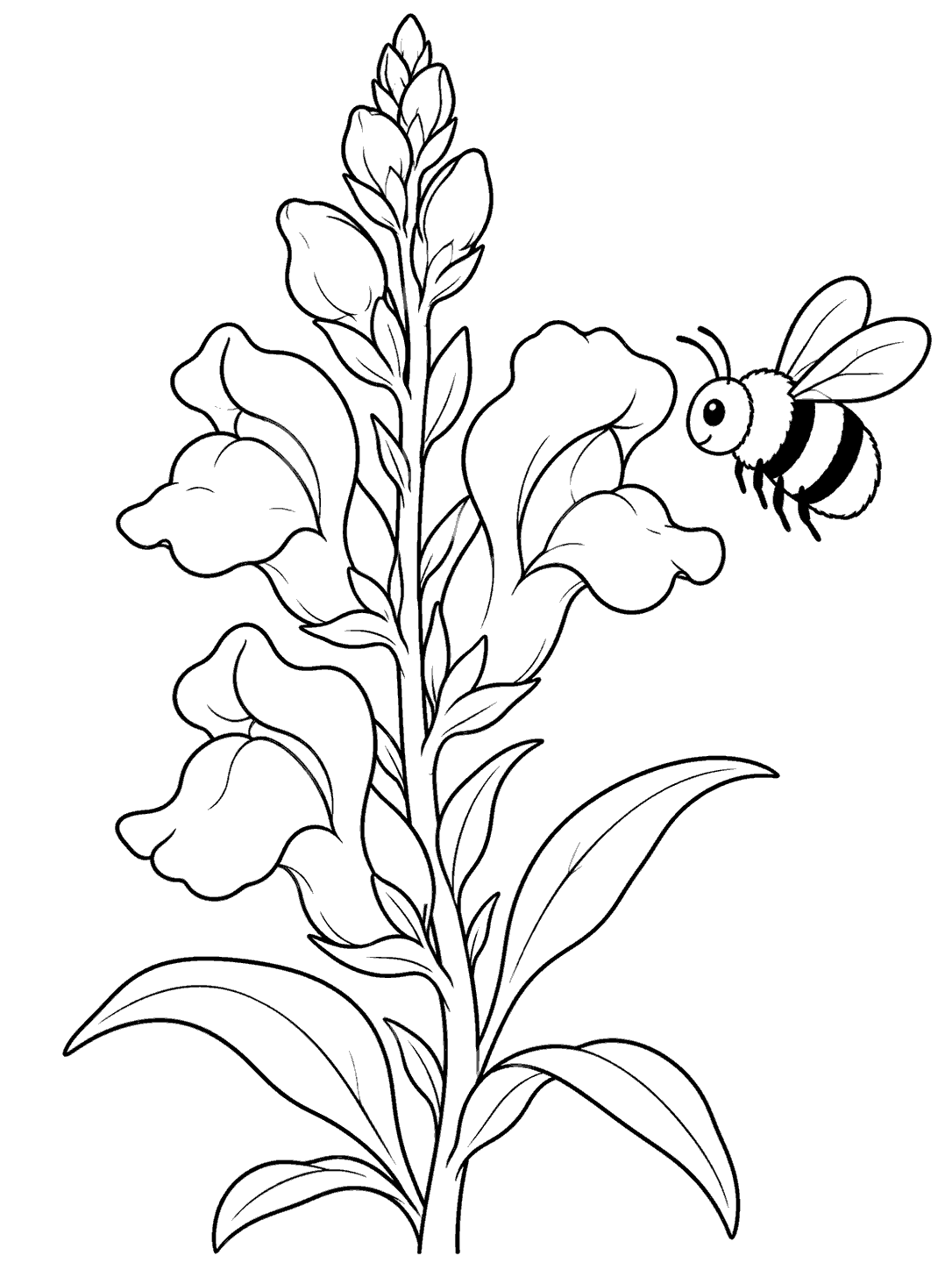 A striped bumblebee hovering beside a tall snapdragon spike with several open blooms and leaves.