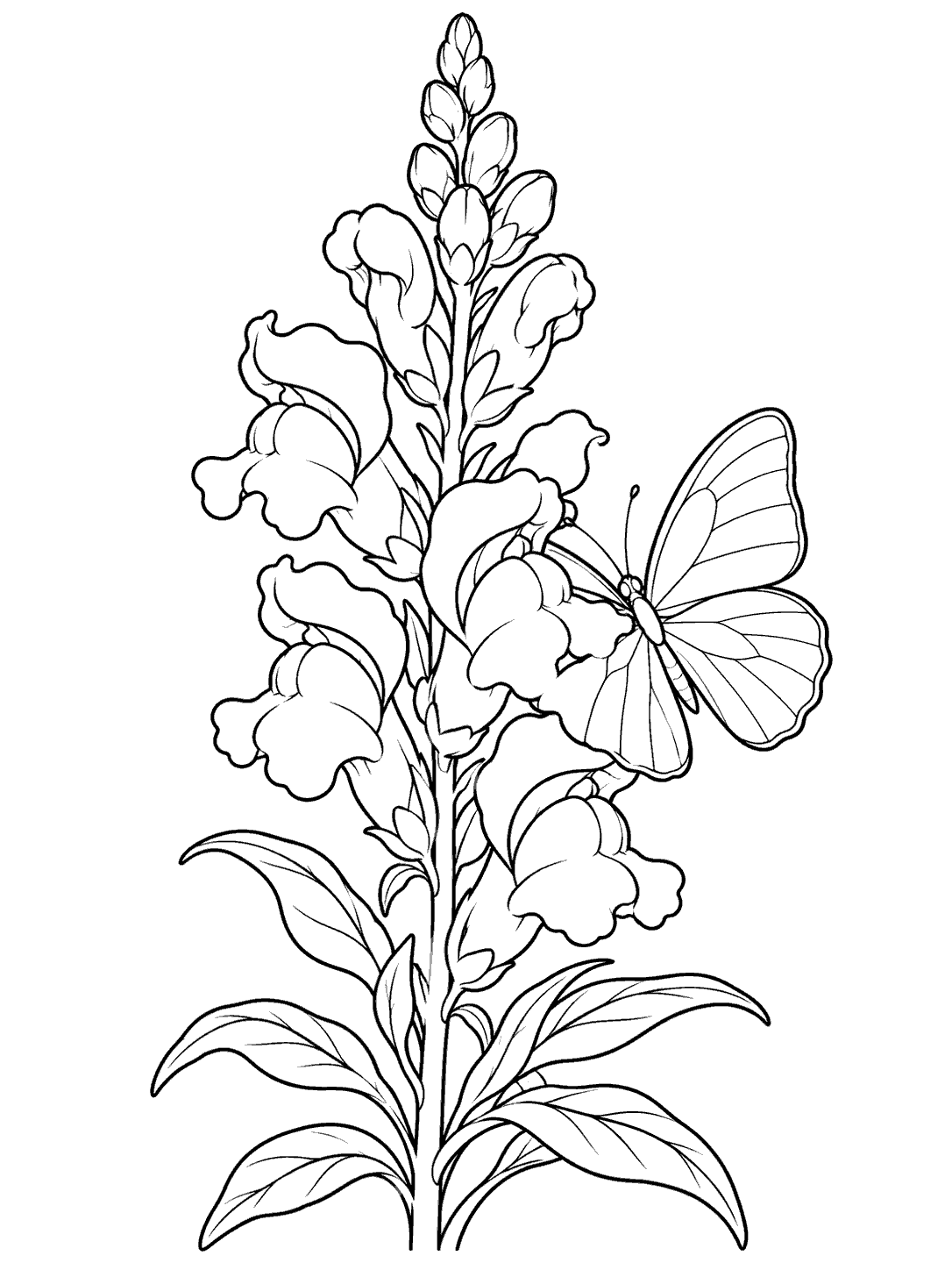 A butterfly with open wings rests beside a tall snapdragon spike with leaves and clustered blooms.
