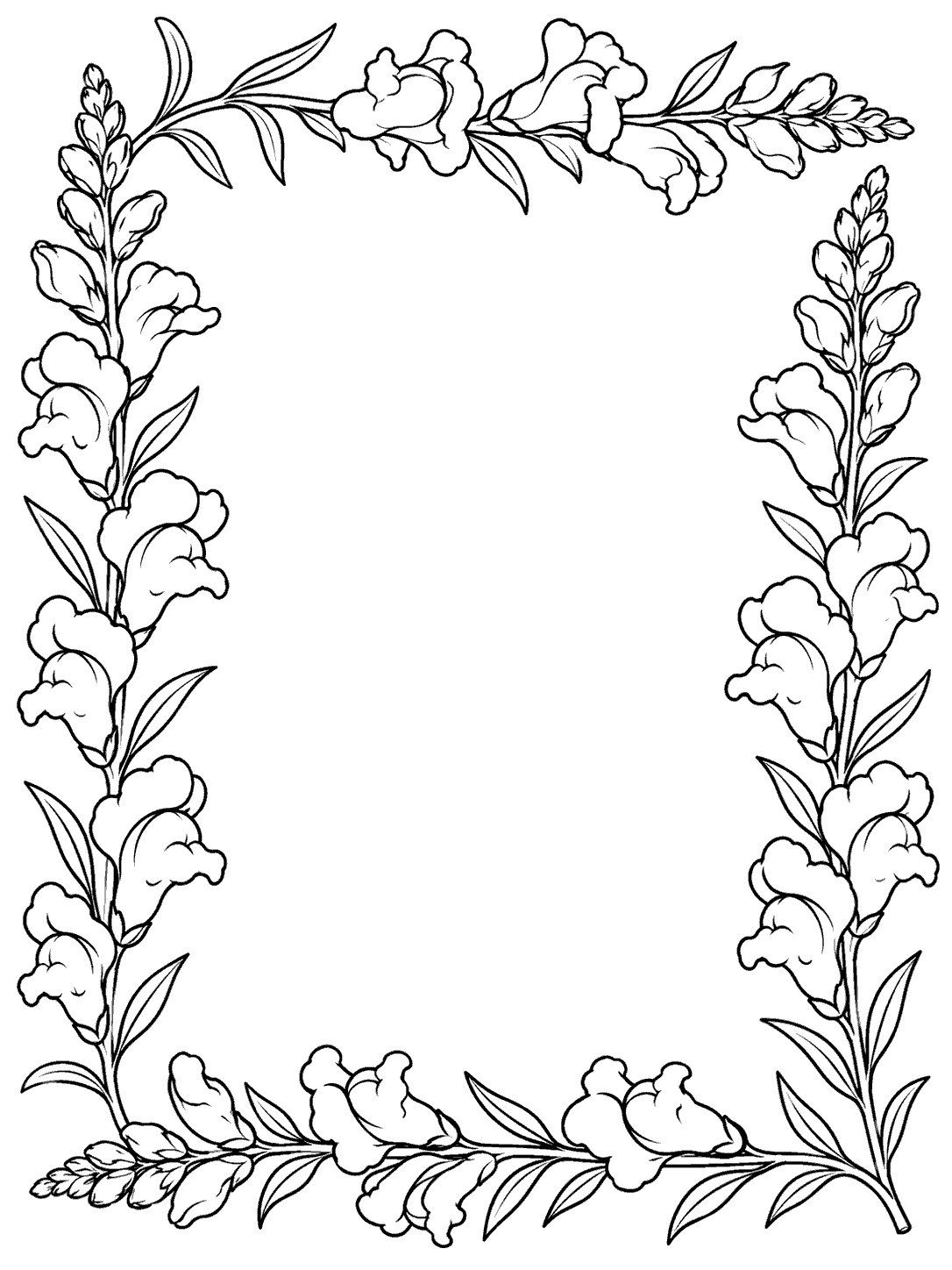 Four snapdragon stems form an open-centered floral border with leaves and dragon-mouth blossoms.