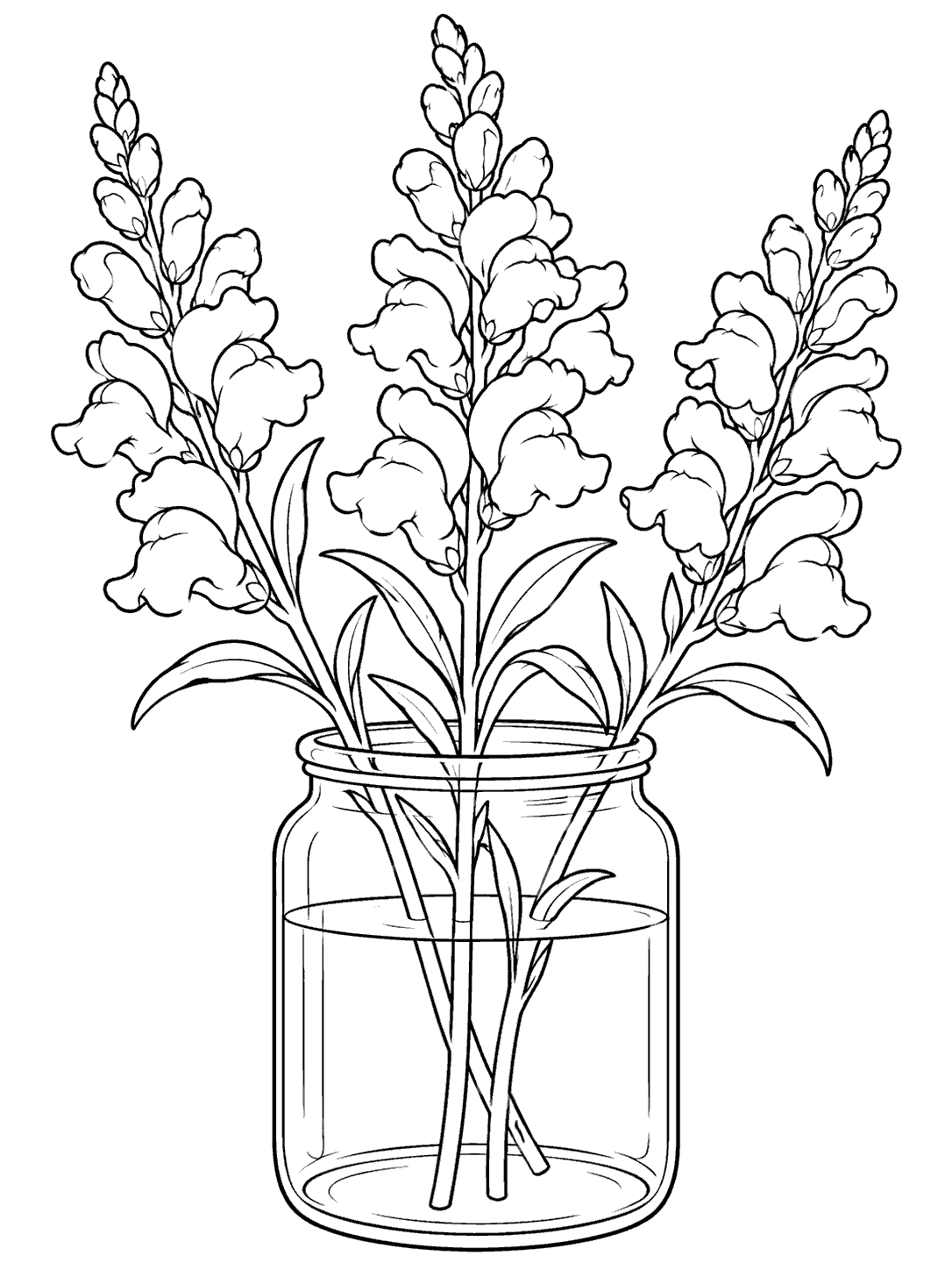 Three snapdragon stems with upright flower spikes in a plain glass jar with a water line