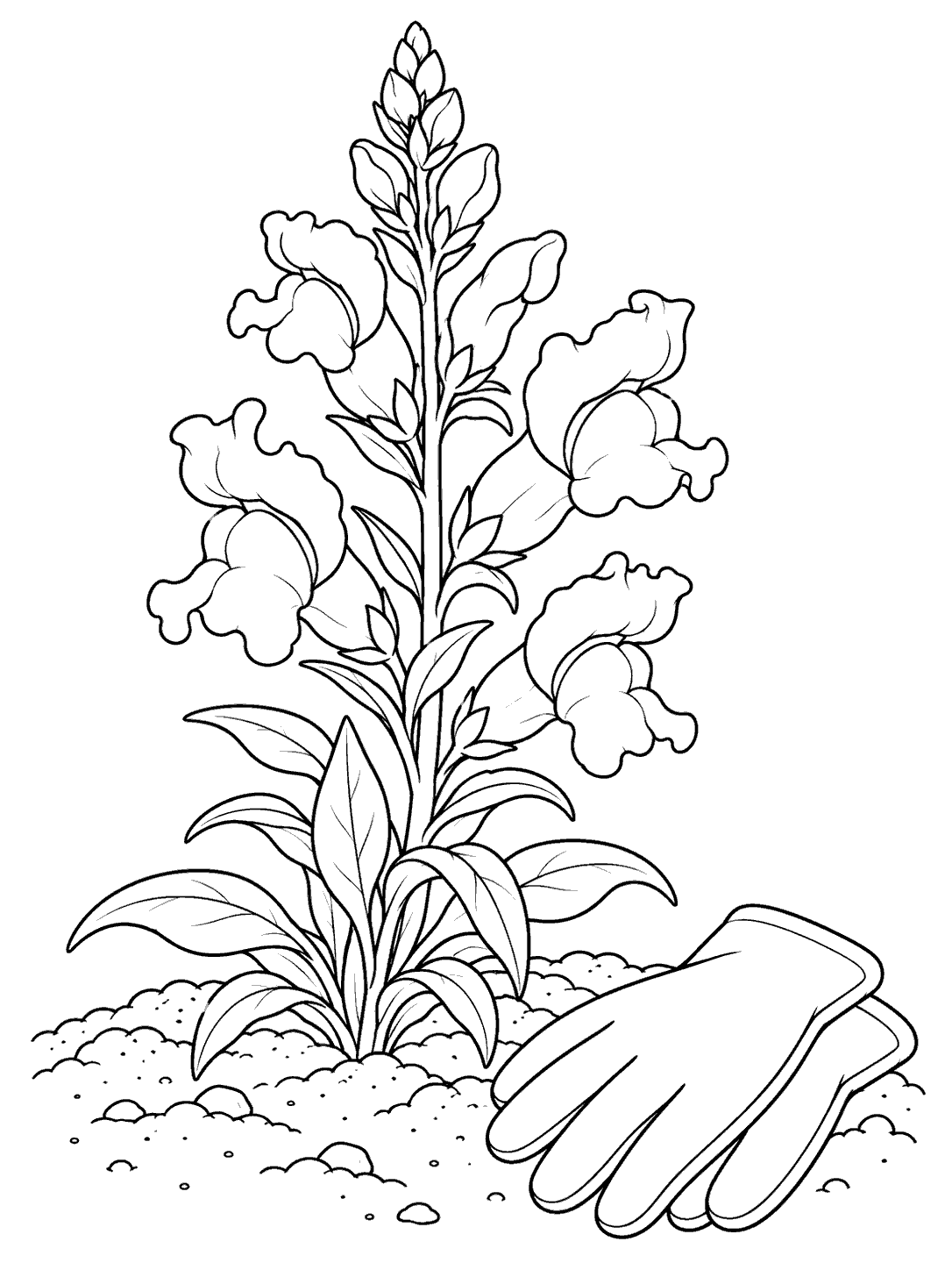 Black-outline coloring page of a flowering snapdragon growing in a patch of soil beside neatly folded gardening gloves.